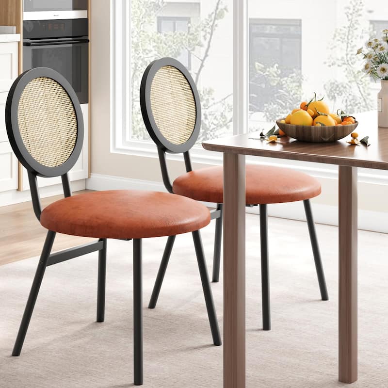 Boho Dining Chairs Set with Thicken Upholstered Natural Rattan Back