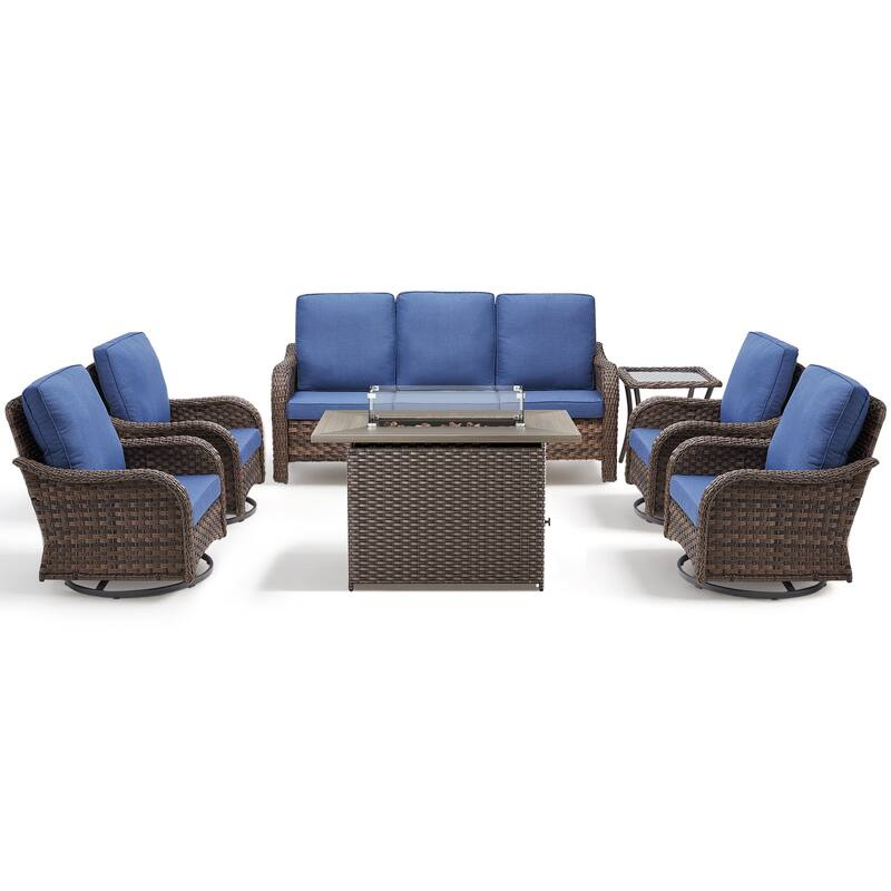 Pocassy Patio Funiture Sofa Swivel Chairs Ottoman with Fire Table Set