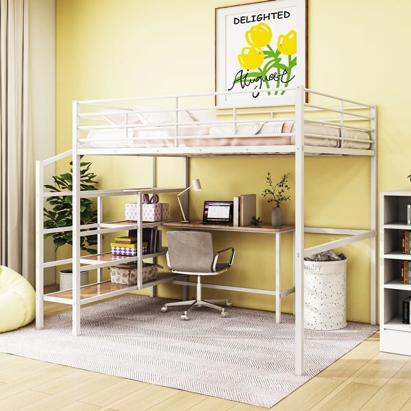 slide 2 of 11, Full Size Metal Loft Bed with Desk and Lateral Storage Ladder White