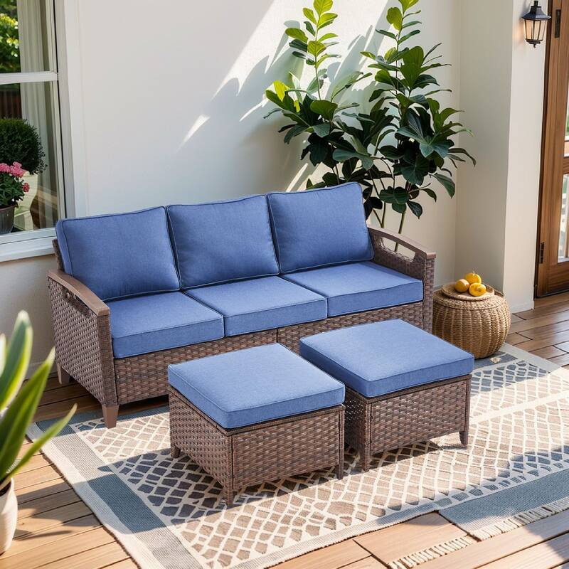 Pocassy Outdoor Brown Wicker Funitre with Cushion Set - Blue Cushion - 3-Seat Sofa with Ottoman Set