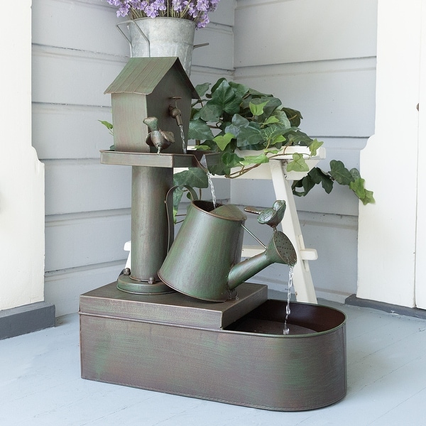 Alpine Corporation 24" Tall Indoor/Outdoor Birdhouse and Watering Can Floor Water Fountain. Opens flyout.