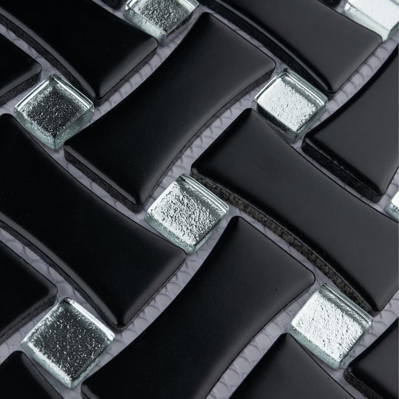 Merola Tile Metro Dog Bone Basketweave Matte Black with Glass Silver Dot 10" x 10" Porcelain Mosaic Wall Tile