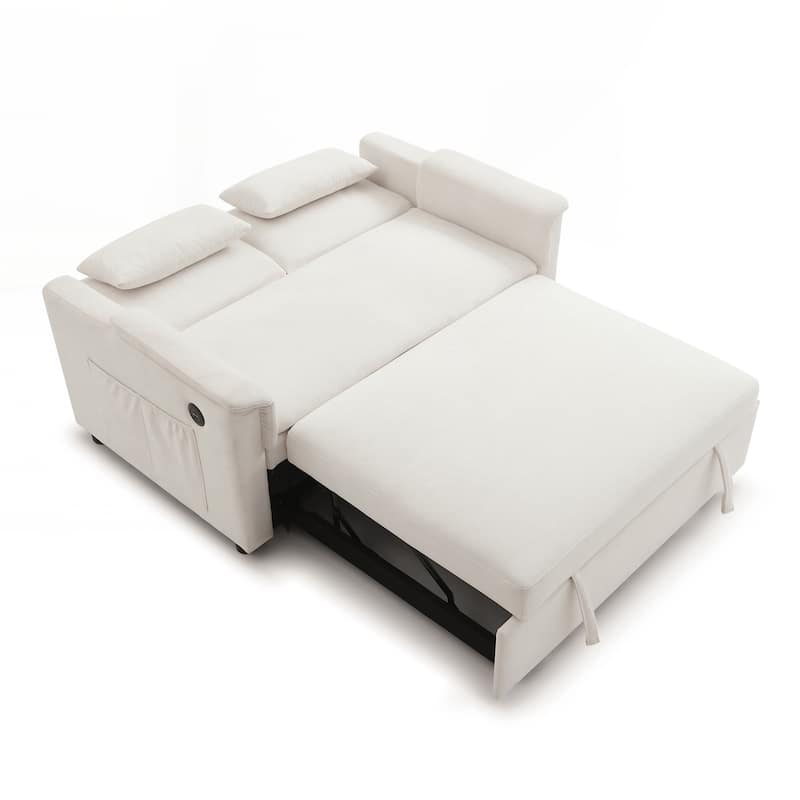 55" Velvet Two Seater Pull Out Sofa Bed, Adjustable Backrest With USB Ports, Two Side Pockets