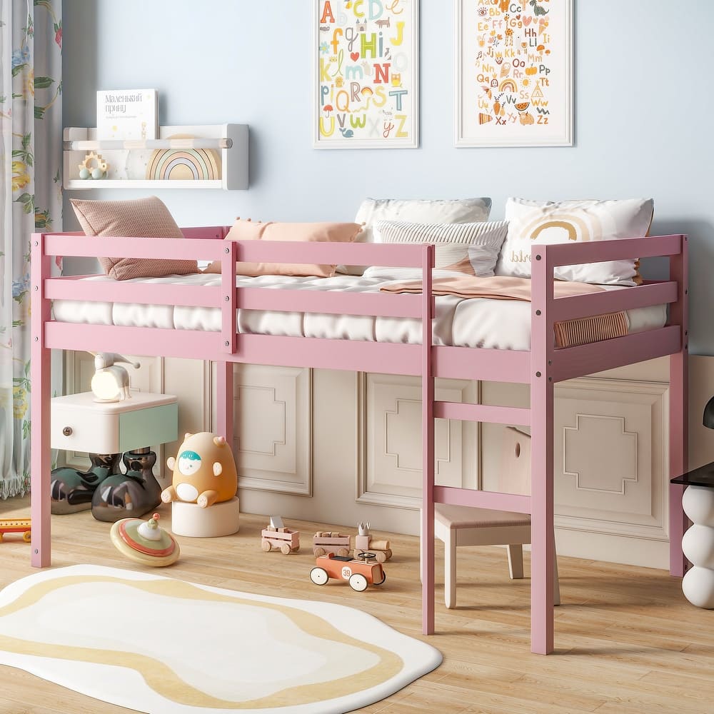 Solid Pine Loft Bed Frame with Ladder and Guardrail, Low Loftbed Frame, Wooden Loft Bed with Under Bed Storage