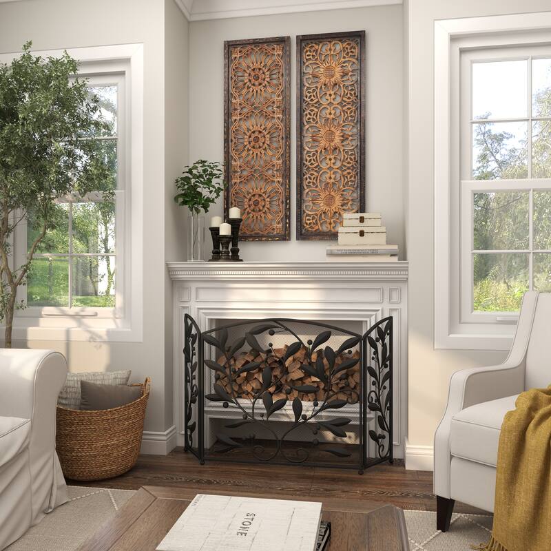 Black Metal Foldable 3 Panel Scroll Fireplace Screen with Leaf and Vine Relief
