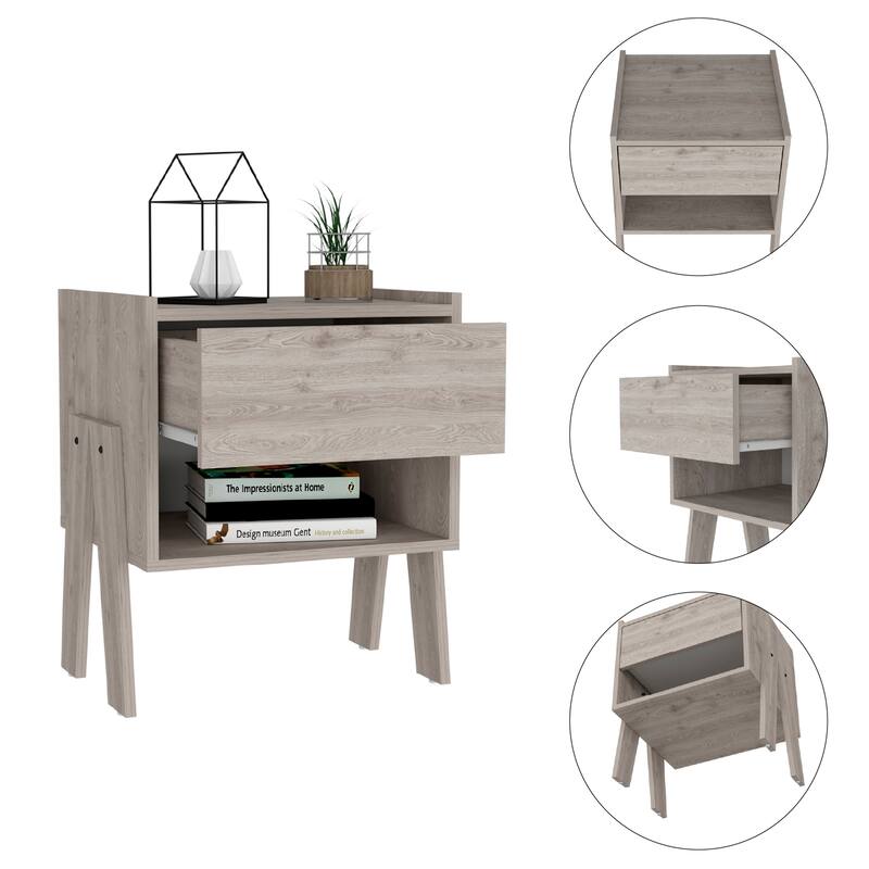 Light Gray Nightstand with Open Shelf and Drawer