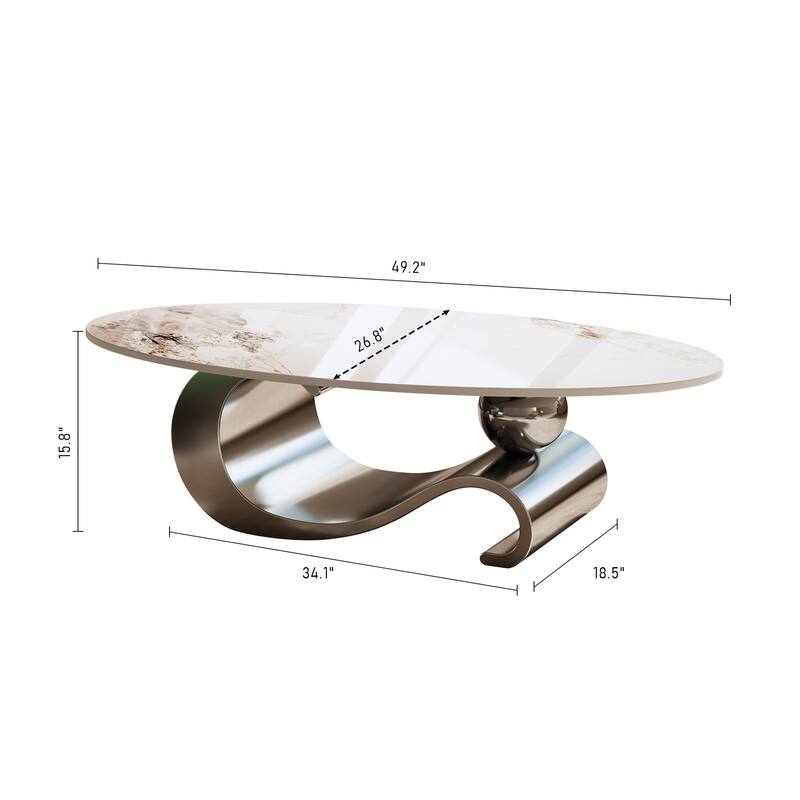 GDFStudio - Contemporary 49.2" Oval Sintered Stone Coffee Table with S-Shaped Stainless Steel Base & Novel-Pattern Top