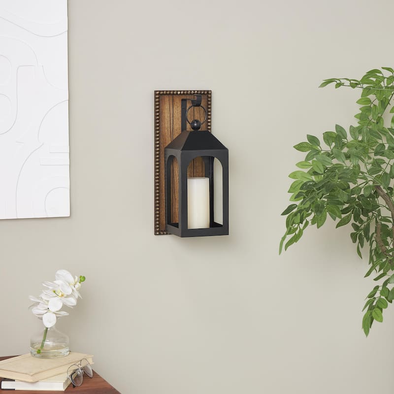 Metal Suspended Arched Cutout Wall Sconce with Brown Wood Backing and Beaded Edge - Black - Roche River Decor