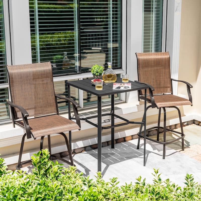 Outdoor 3-Piece Textilene Bar Set, Swivel Bar Stools and Umbrella Hole, Black and Brown with Gold Speckles