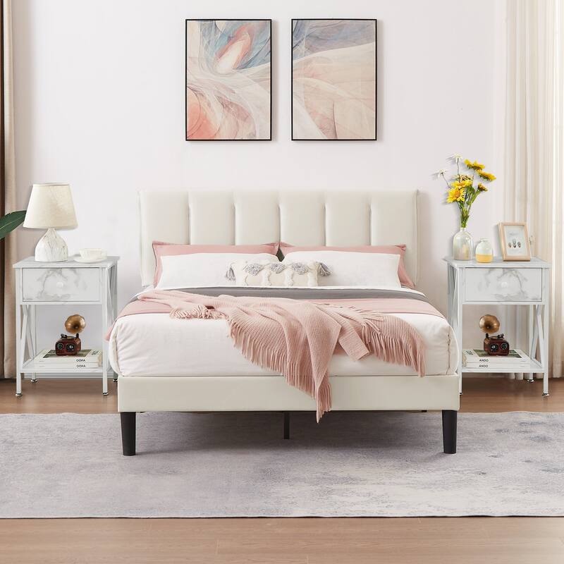 VECELO 3-Pieces Tufted Upholstered Beige Platform Bed Frame with Adjustable Height Headboard and Nightstands Set of 2 - White - Queen