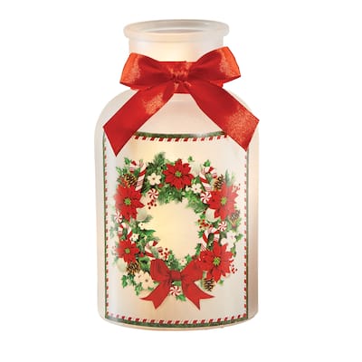 LED Lighted Candy Cane Wreath holiday Mason Jar Lamp - 4 x 7.5 x 4