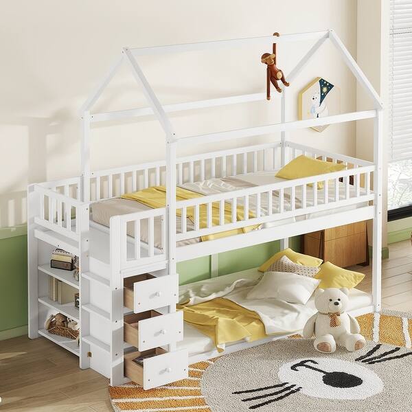 slide 2 of 9, House Bed with Roof Design Twin/Twin House Bunk Bed With Shelves And Drawers,Sturdy Construction Loft Bed White