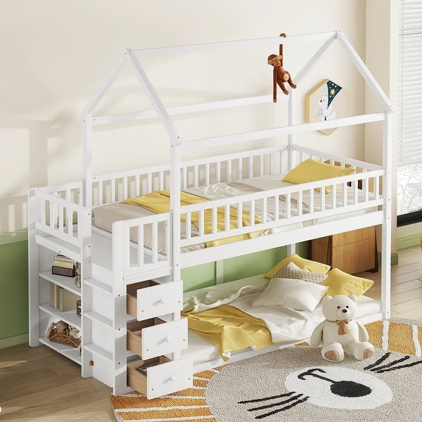 slide 2 of 9, White Twin Size Wood House Bunk Bed with Shelves, Ladder and Drawers for Bedroom White