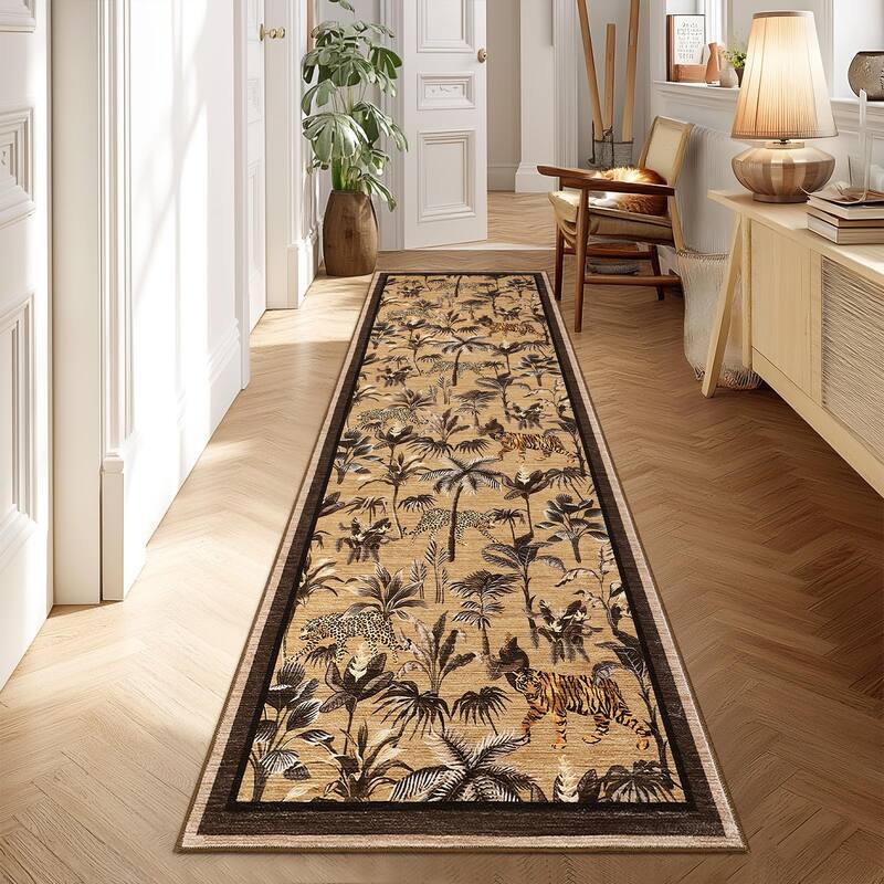 Living Room Rug Jungle Tiger Area Rug Plant Rugs Low Pile Non Shedding Soft Accent Carpet for Bedroom, Dining Room - 2'x6' - Brown