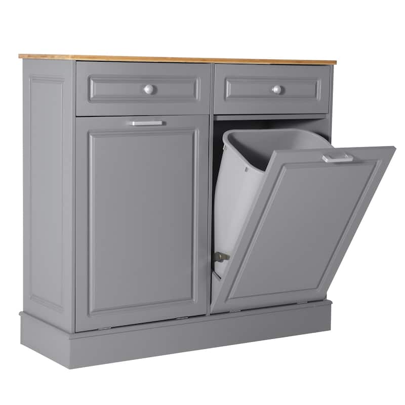Double Tilt Out Trash Cabinet Wooden Kitchen Recycling Cabinet Trash Can - Grey