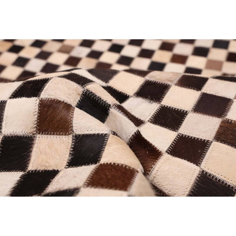 ECARPETGALLERY Handmade Cowhide Patchwork Dark Brown, Ivory Leather Rug - 7' x 7'