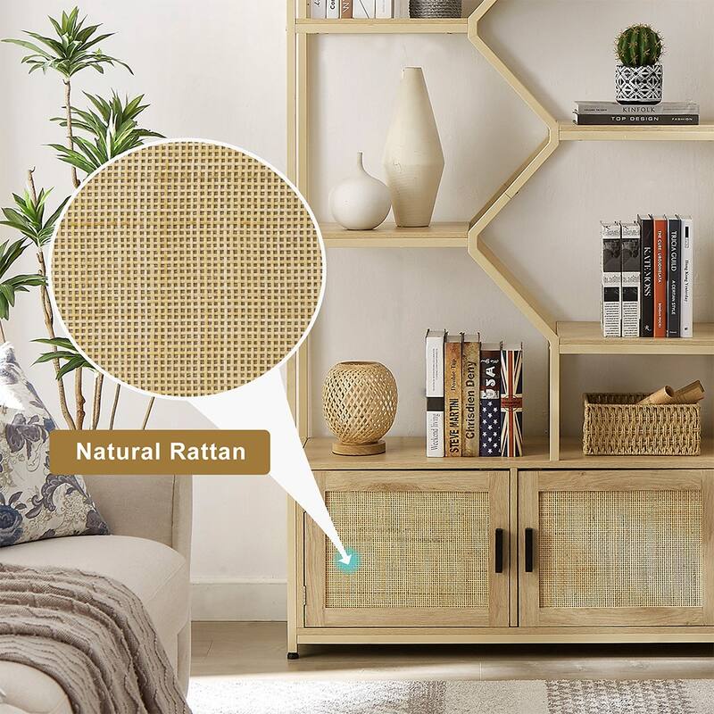 7-Tier Rattan Decor Bookshelf Display Stand with cabinet