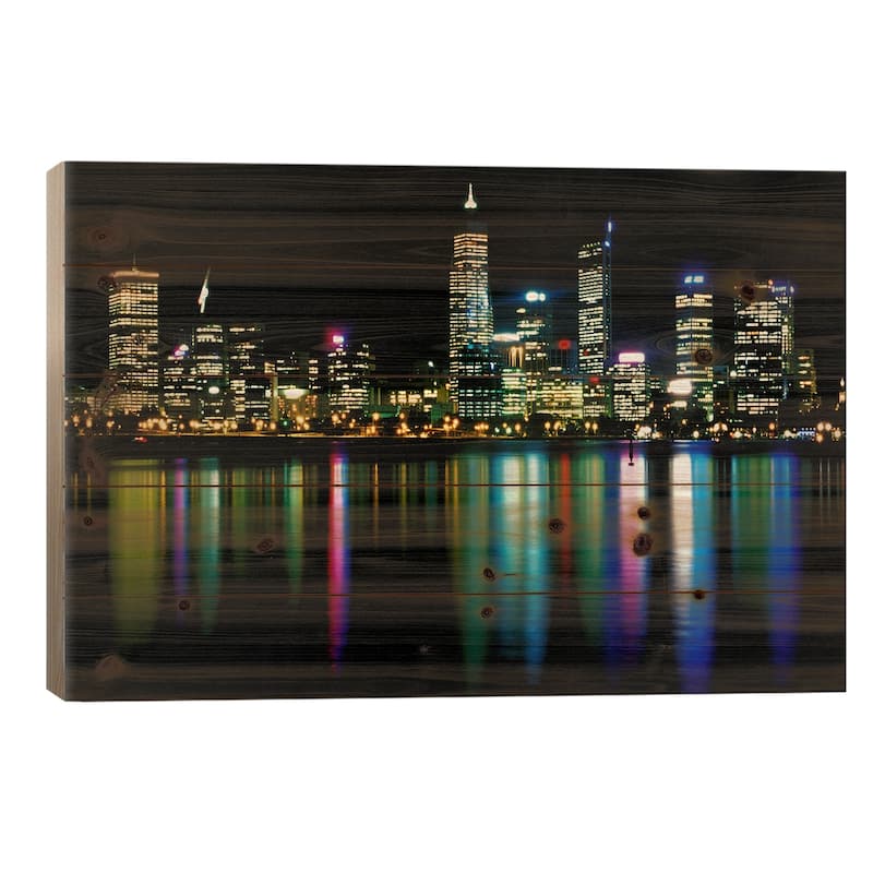 Downtown City Lights Print On Wood by Unknown Artist - Multi-Color - 26x40x1.5