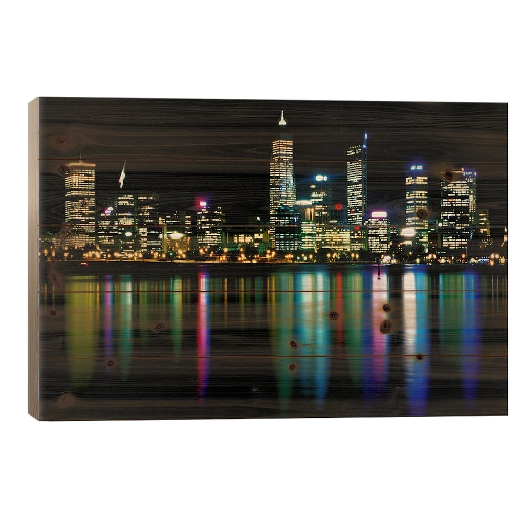 Downtown City Lights Print On Wood by Unknown Artist - Multi-Color