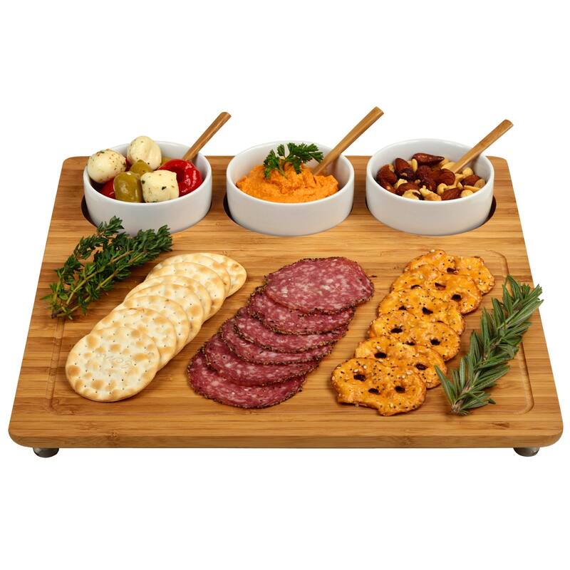 Picnic at Ascot Personalized Bamboo Cheese, Charcuterie Board with Ceramic Ramekins
