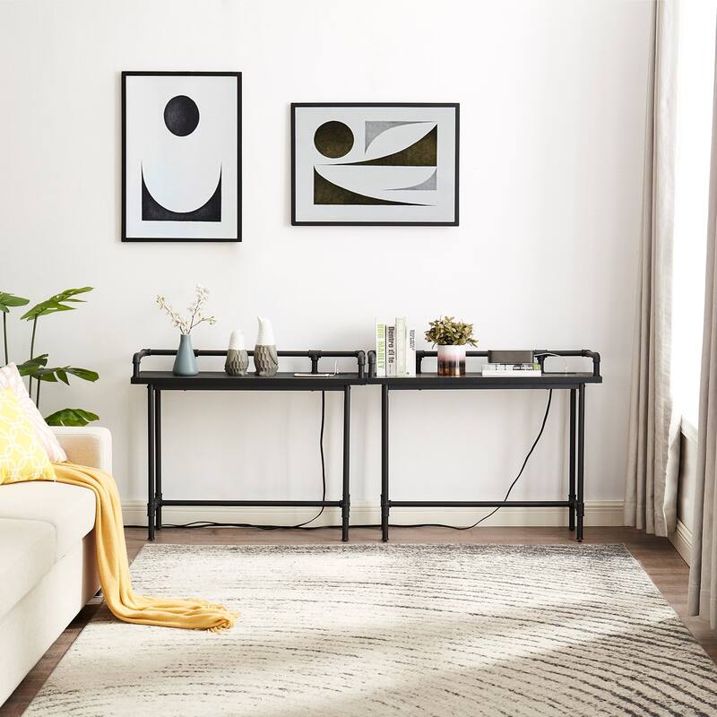 Mid Century Console Table with Power Outlet, Narrow Sofa Table, Sofa Couch Table with Charging Station USB Port