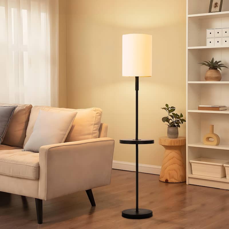 57" Traditional Iron Tray Table Floor Lamp with Linen Drum Shade