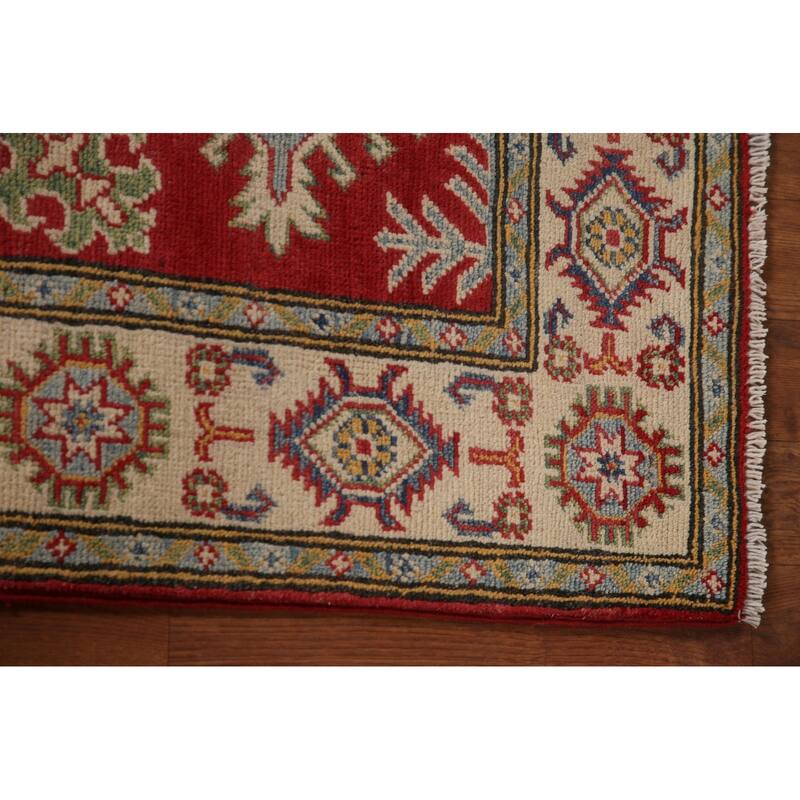 Geometric Red Kazak Accent Rug Handmade Wool Carpet - 2'8" x 4'1"
