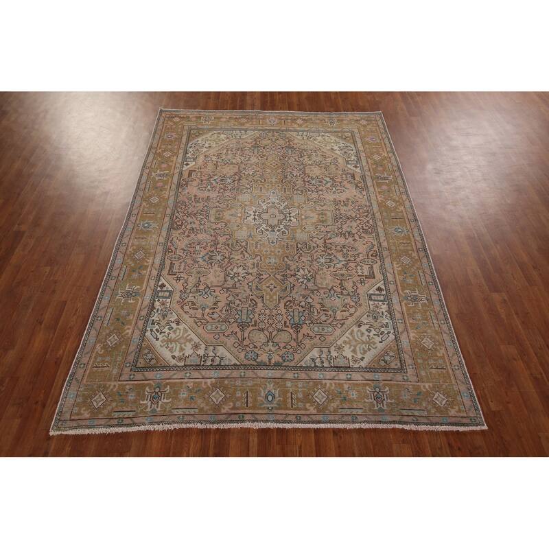 Distressed Tabriz Persian Vintage Area Rug Hand-Knotted Wool Carpet - 6'5" x 9'3"