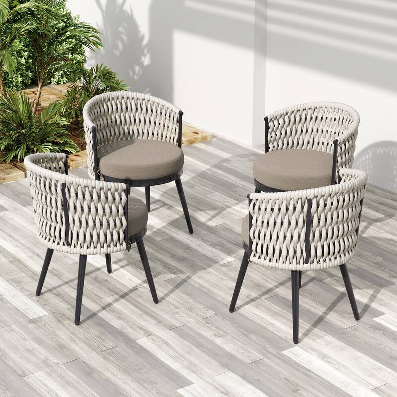 Roomfitters Metal Patio Dining Chairs with Rope Weave and Weather-Resistant Cushions for Garden Use, Set of 2 - Beige, Khaki