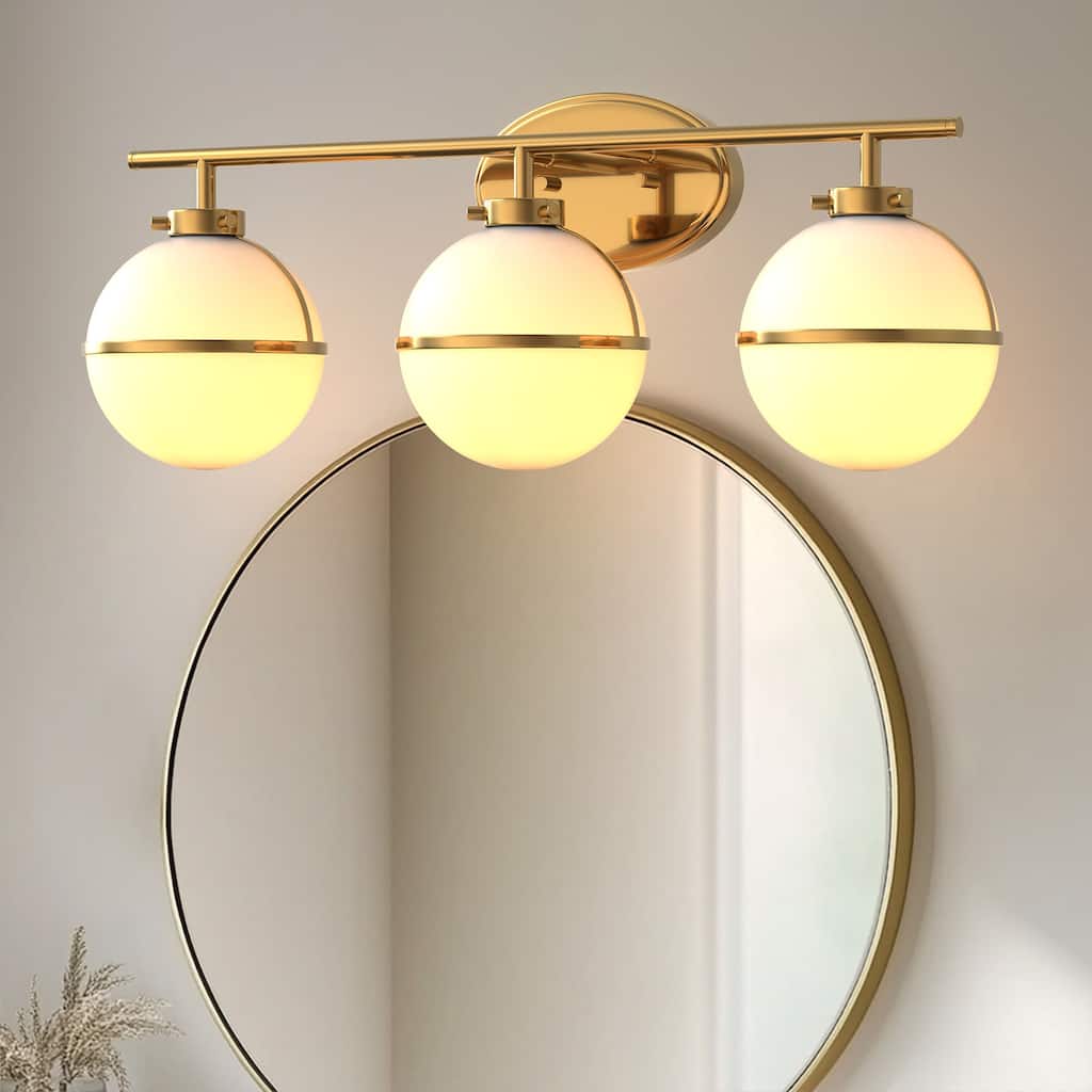 YANSUN 3-Light Gold Industrial Vanity Light with Round Frosted Milk Glass Shades