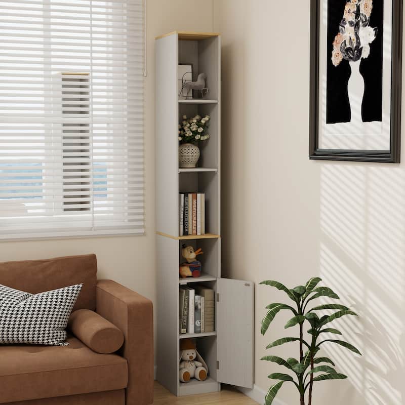 72"Tall Slim Storage Cabinet, 6-Tier Narrow Freestanding Cabinet with 1 Door and 2 Adjustable Shelves, Bookcase Display Shelves