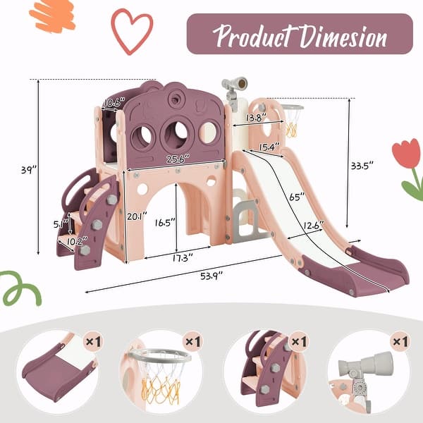 dimension image slide 1 of 3, 7-in-1 Toddler Slide Set - Spaceship Playset with Slide, Arch Tunnel, Basketball Hoop, and Toy Storage