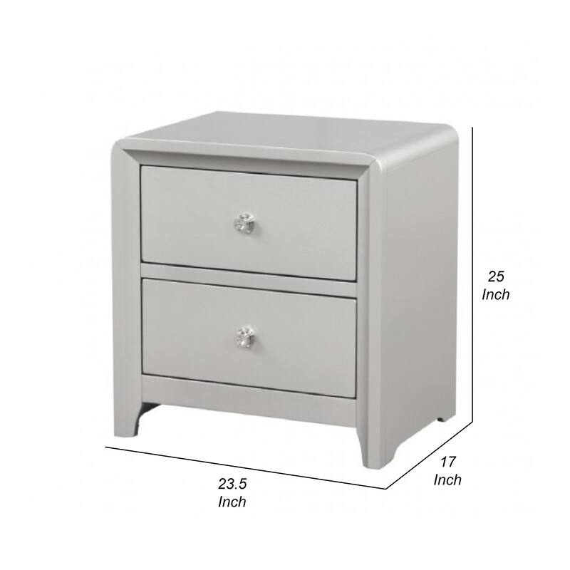 Broy Nightstand, 2 Drawers, Crystal Knobs, Champagne Gray Wood 25 Inch