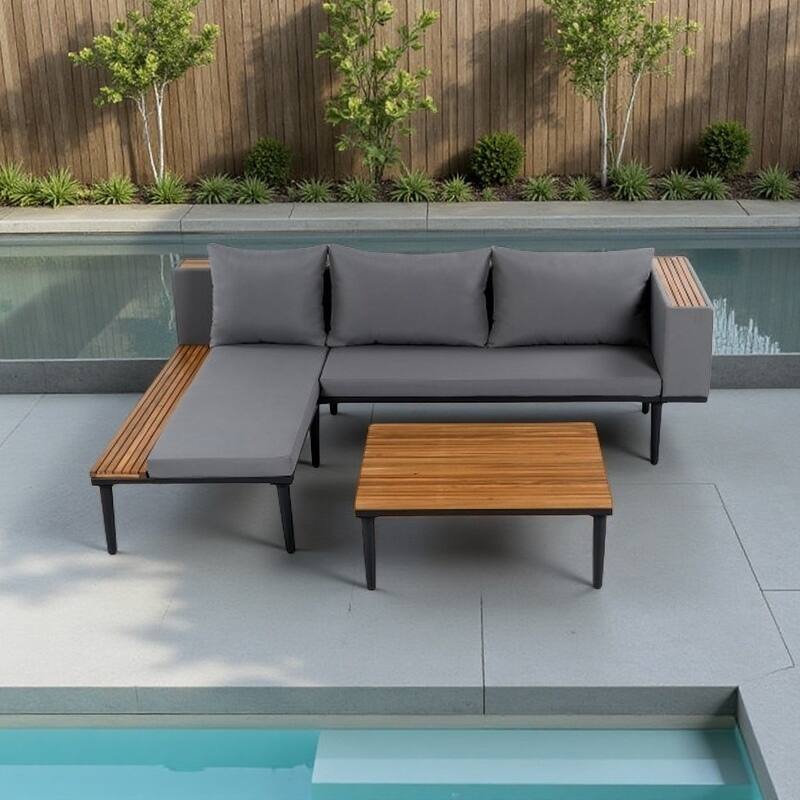 L-Shaped Outdoor Acacia Wood Sectional Sofa Set with Coffee Table and Side Table, Removable Cushions - Gray