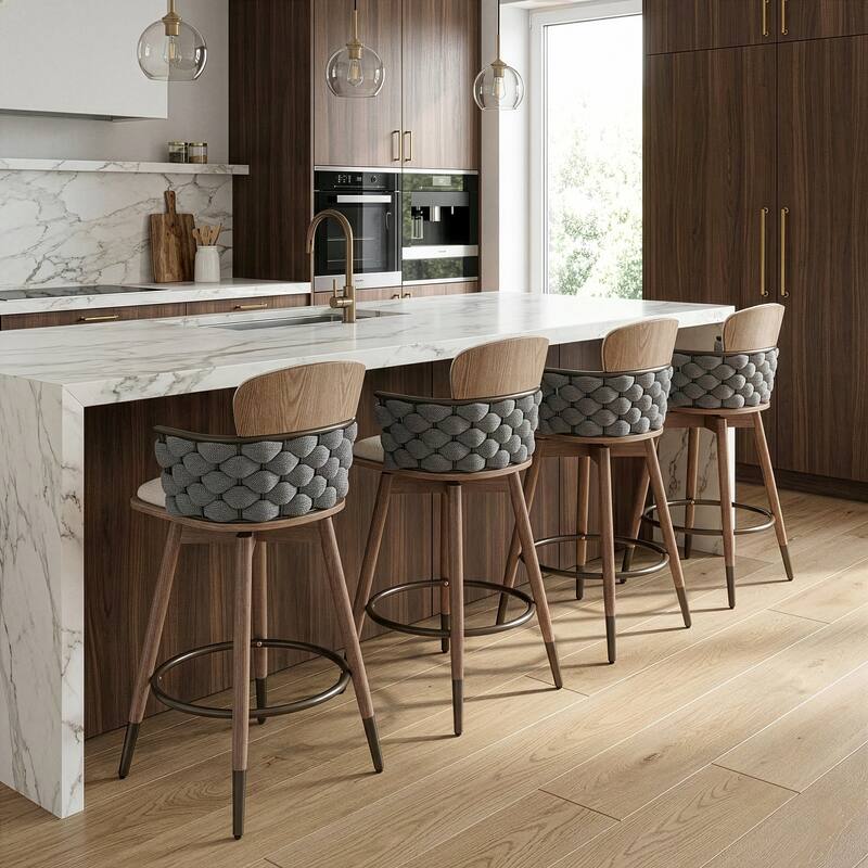 Bechor Beige and Gray Woven Fabric Counter Stool with Natural Wood Legs
