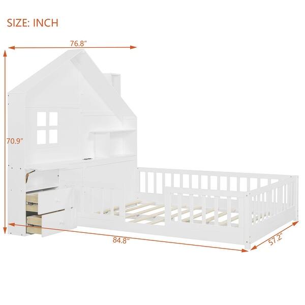 dimension image slide 2 of 3, Wooden Floor Platform Bed with House Shape Storage Wingback Headboard, House Bed with USB, Window and Bedside Drawers