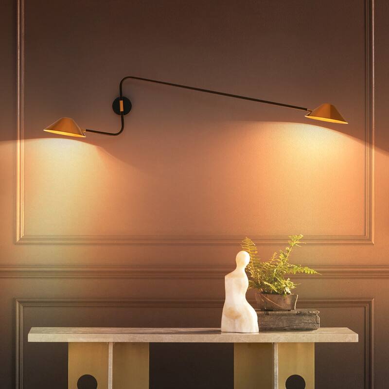 2-Light Mid-Century Modern Brass Sputnik Long Arm Double Wall Sconce for Hallways, Bedroom - 53.9 in. W x 13.8 in. H x 9.8 in. D