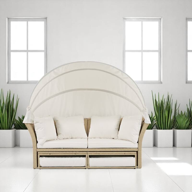 Convertible Patio Daybed Sofa outdoor Furniture Set with Retractable Canopy, Cushions, and Pillows - for Outdoor Use