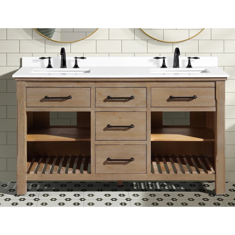 Ari Bath Lauren 60" Bathroom Vanity, Weathered Fir, White Engineered Top