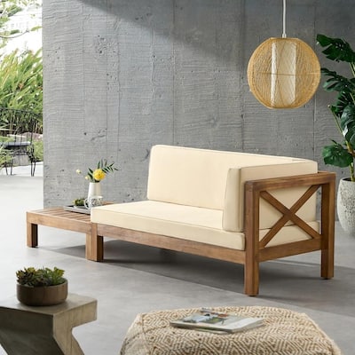 Roomfitters X-Back Corner Bench with Coffee Table, Outdoor Wooden Patio Sofa with Cushions for Garden or Porch