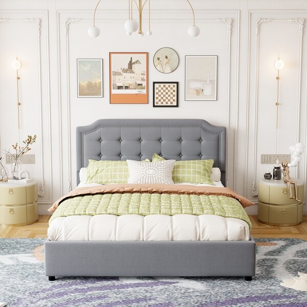 Upholstered Platform Bed with Headboard and 4 Drawers, Queen