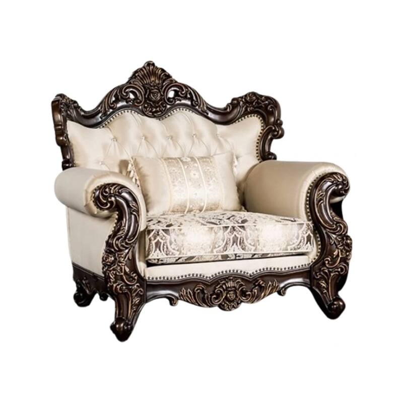 Puhi Accent Armchair w Lumbar Pillow, Beige Fabric, Ornate Carved Wood