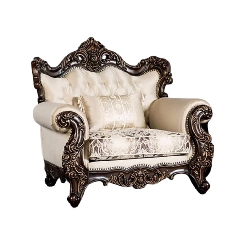 Puhi Accent Armchair w Lumbar Pillow, Beige Fabric, Ornate Carved Wood