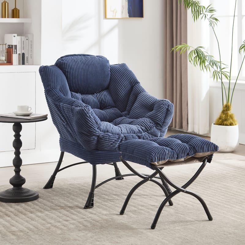 Anmytek Navy Lazy Armchair and Ottoman Set Plush Comfort Modern Living Room Reading Chair - Navy Blue