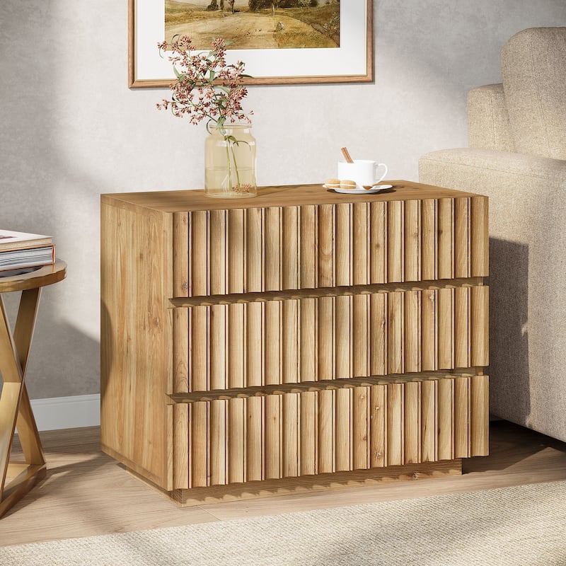 Oversized Solid Wood Nightstand, 31.5" Farmhouse Fluted Night Stand - Brown