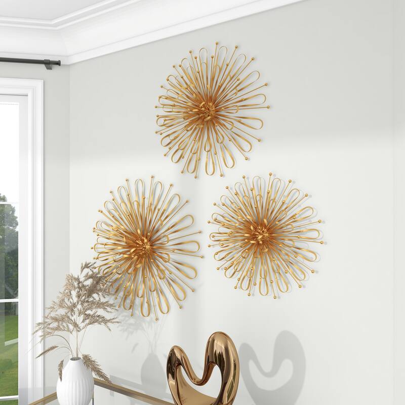 Metal Starburst Home Wall Decor with Orb Detailing - Set of 3 Gold or Silver - Roche River Decor