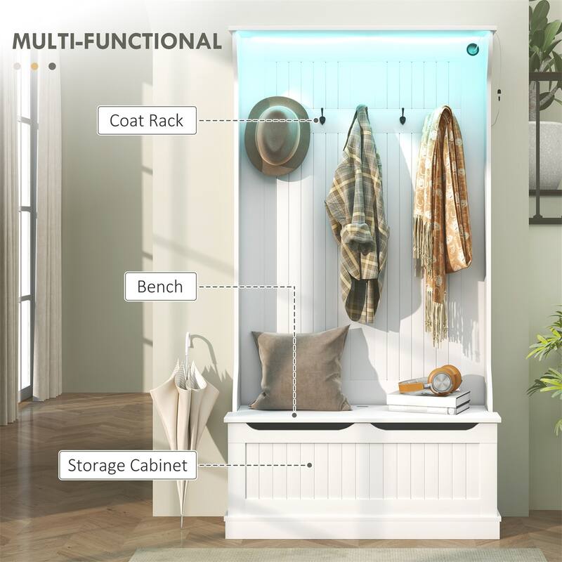 MDF Hall Tree Storage Bench with LED Light and Hooks - 37.75" W x 13.5" D x 70.75" H
