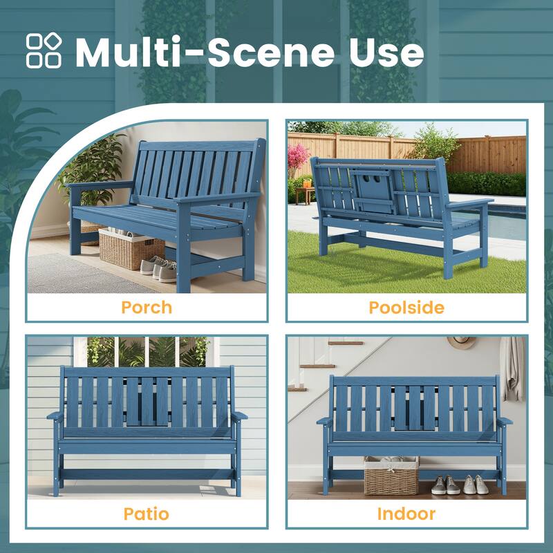 HDPE 2 Person Patio Bench with foldable Cup Holder and Functional Center Panel