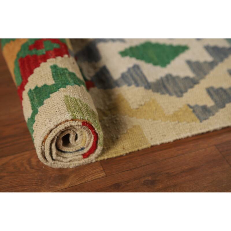 Geometric Beige Kilim Oriental Area Rug Flatweave Wool Carpet - 8'5" x 10'3"