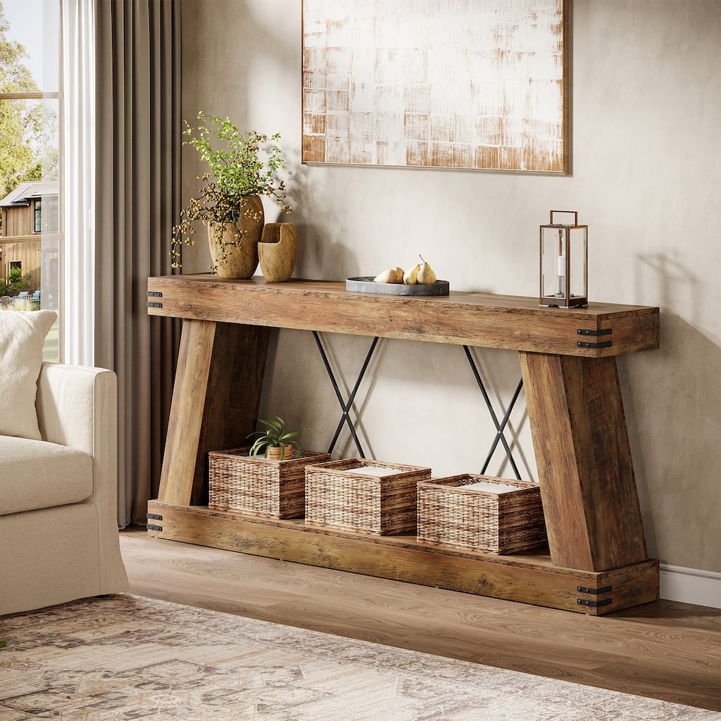 70.9” Farmhouse Console Table, Brown Entryway Table with Storage - Large